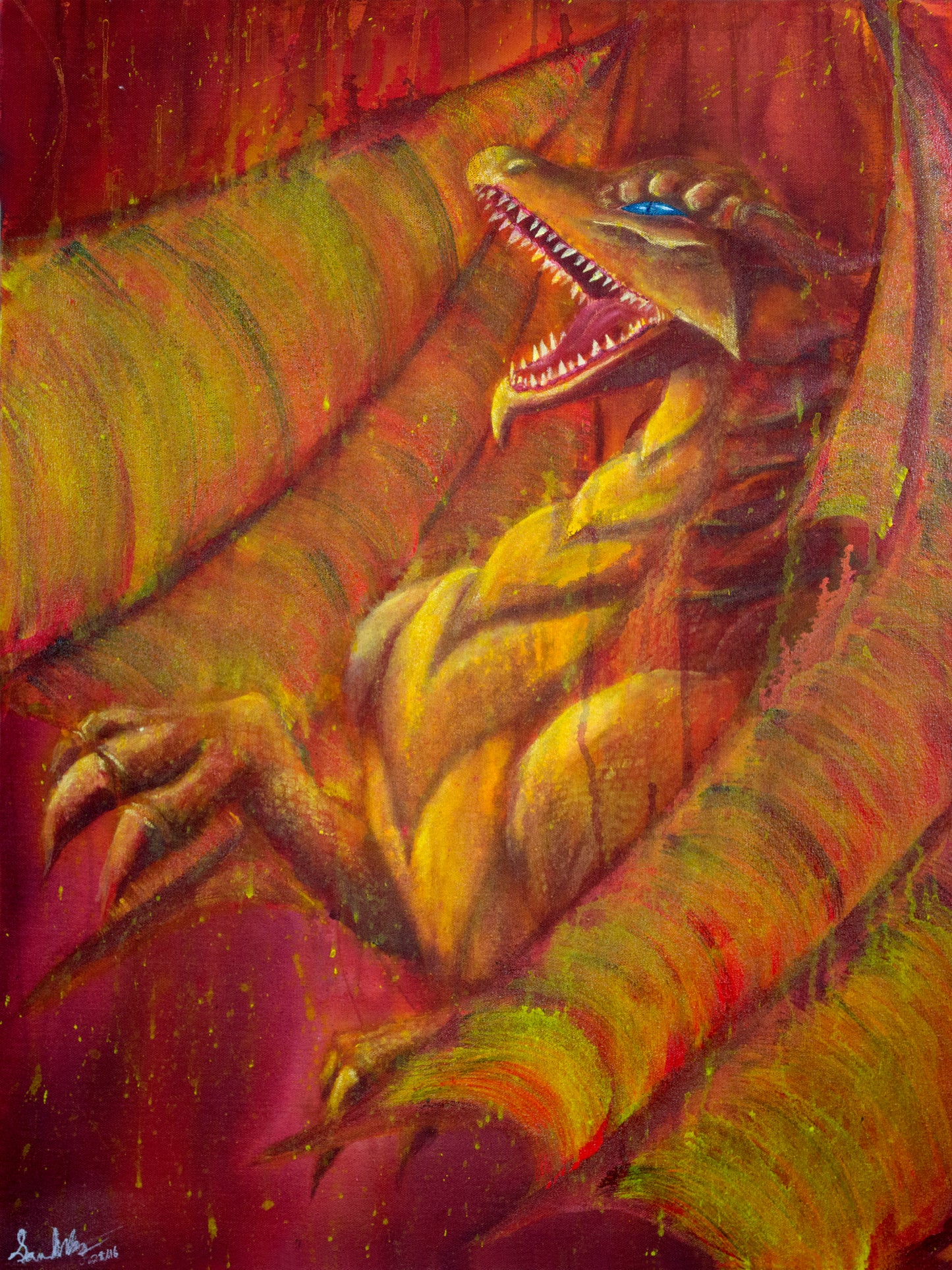Colorful painting of a dragon with a fiery background