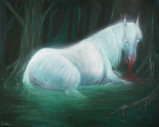 White horse with glowing eyes in a dark forest setting with blood dripping from its mouth. a Kelpie