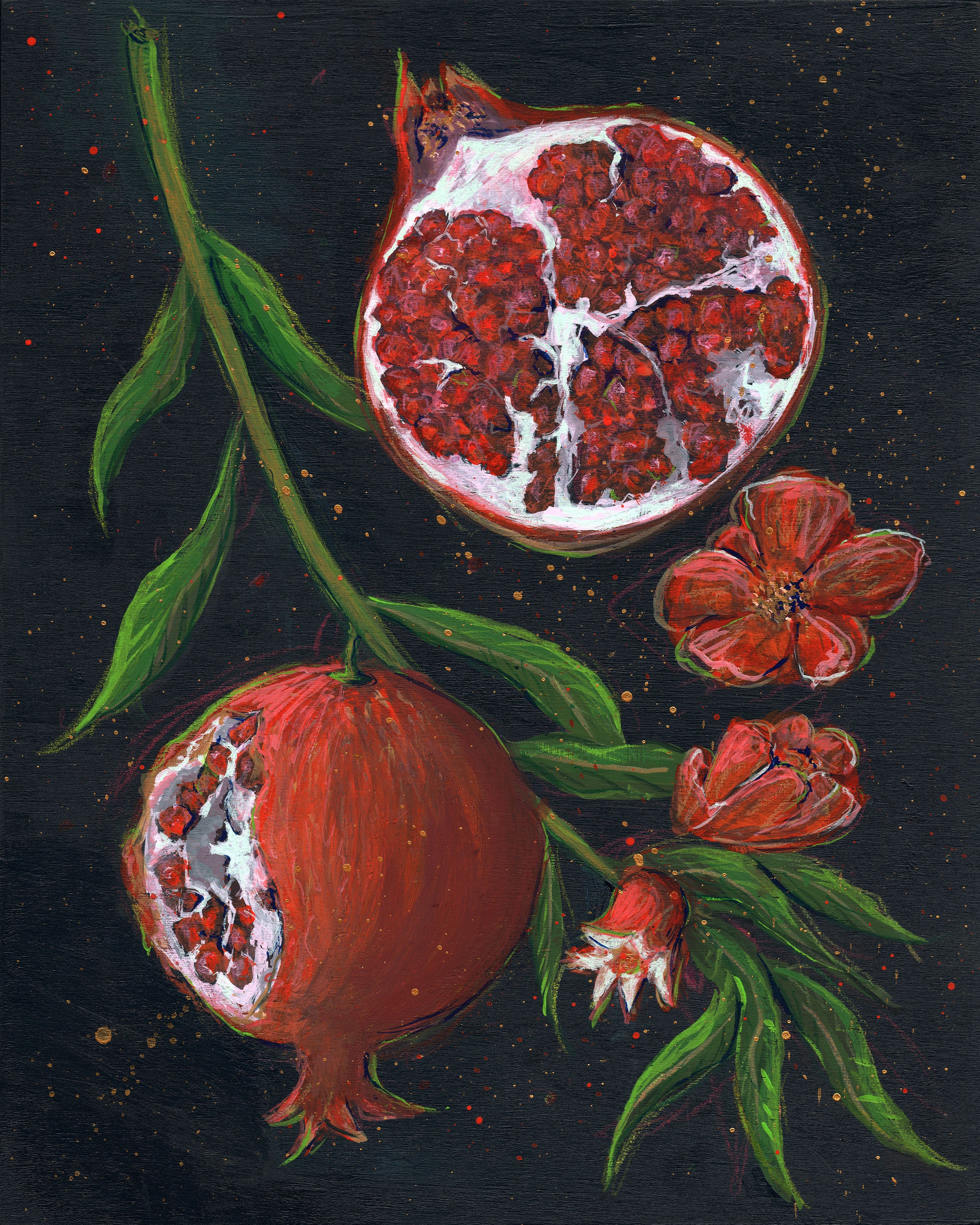 painting of pomegranates and flowers on a dark background
