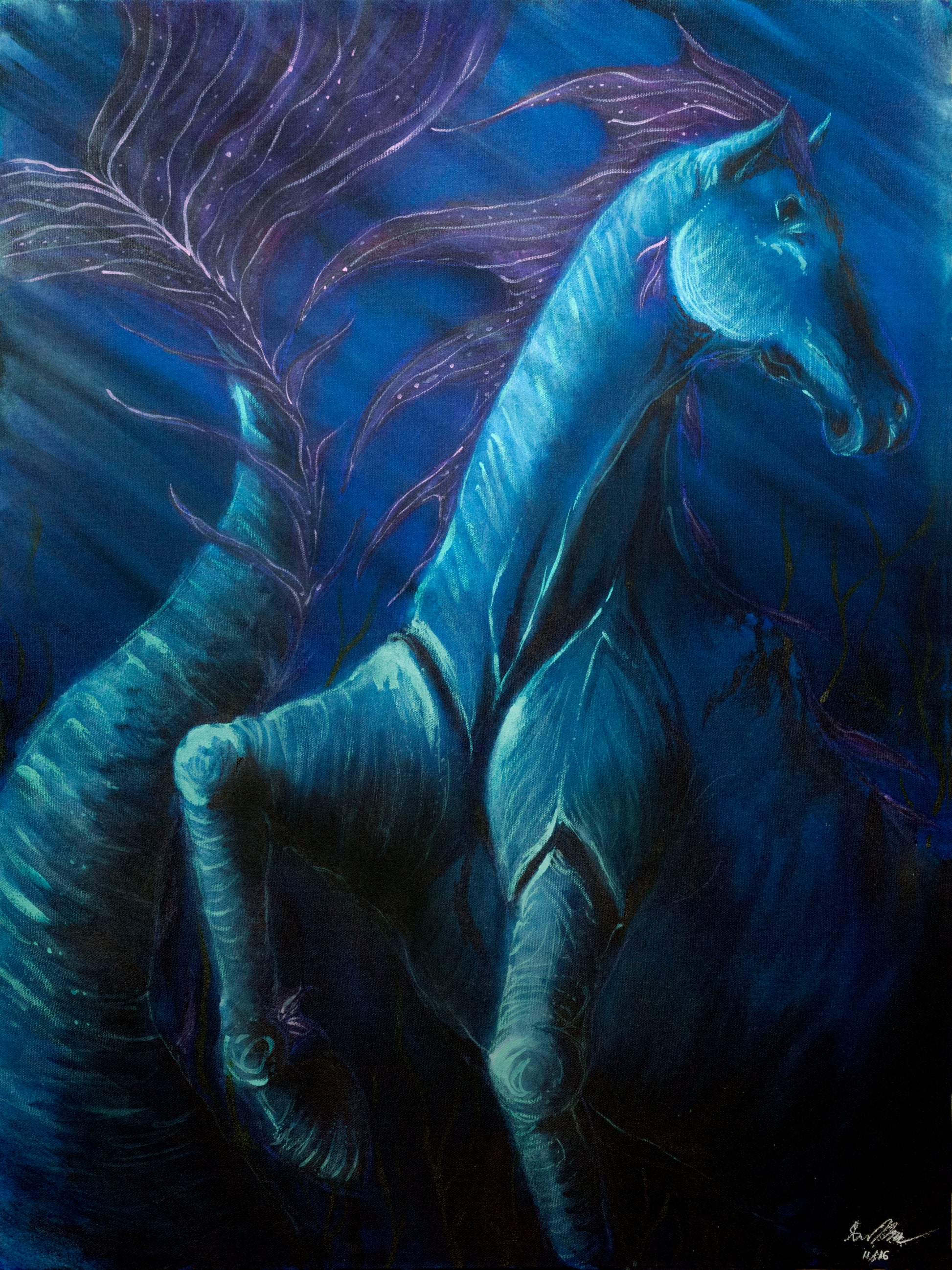 Blue painting of a horse mermaid or hippocampus