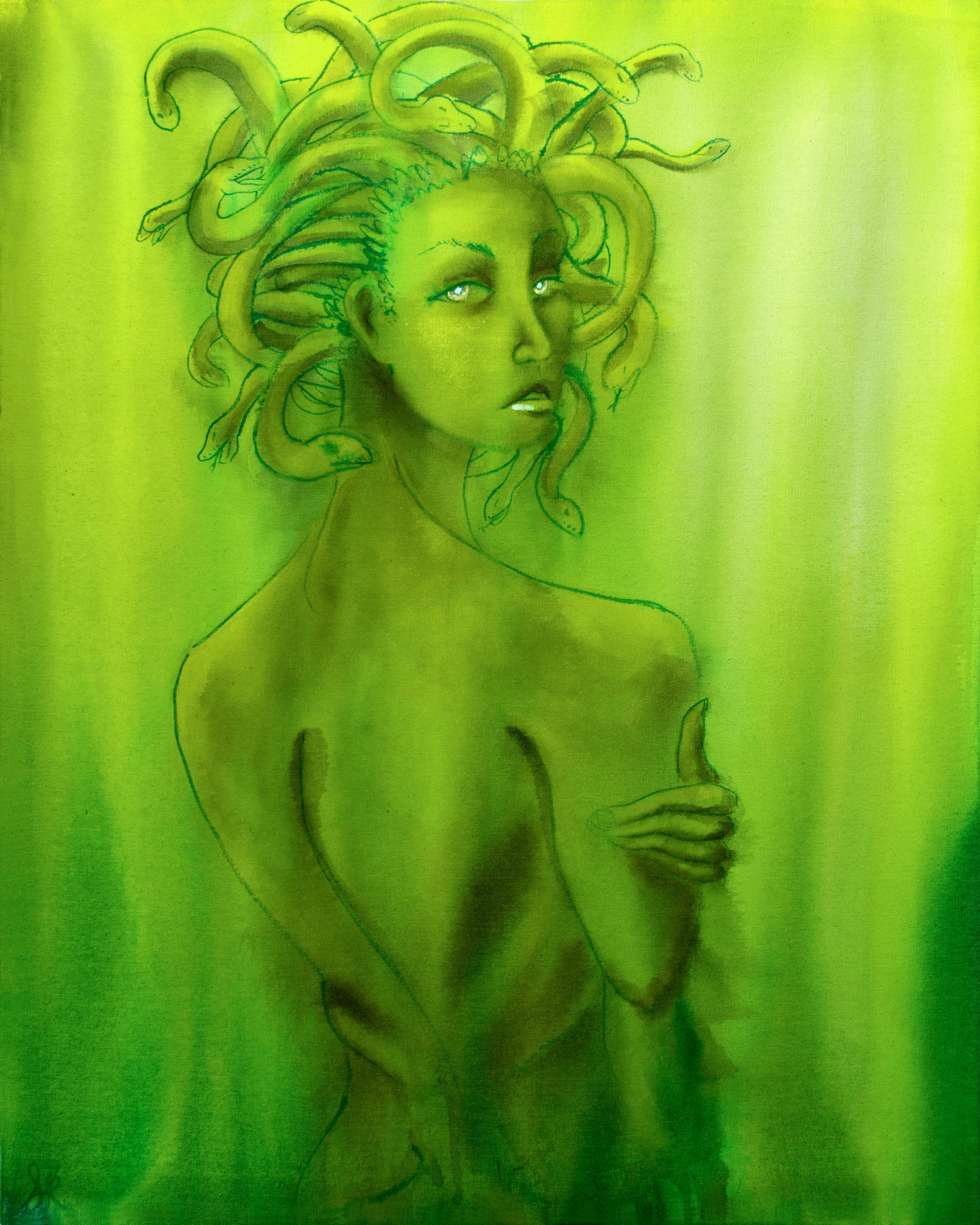 figure with tentacle-like hair against a green background. A medusa
