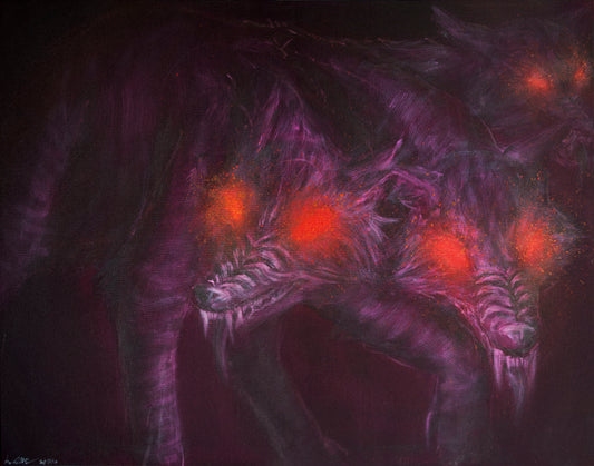 three headed dog with glowing red eyes in a dark setting. Cerberus