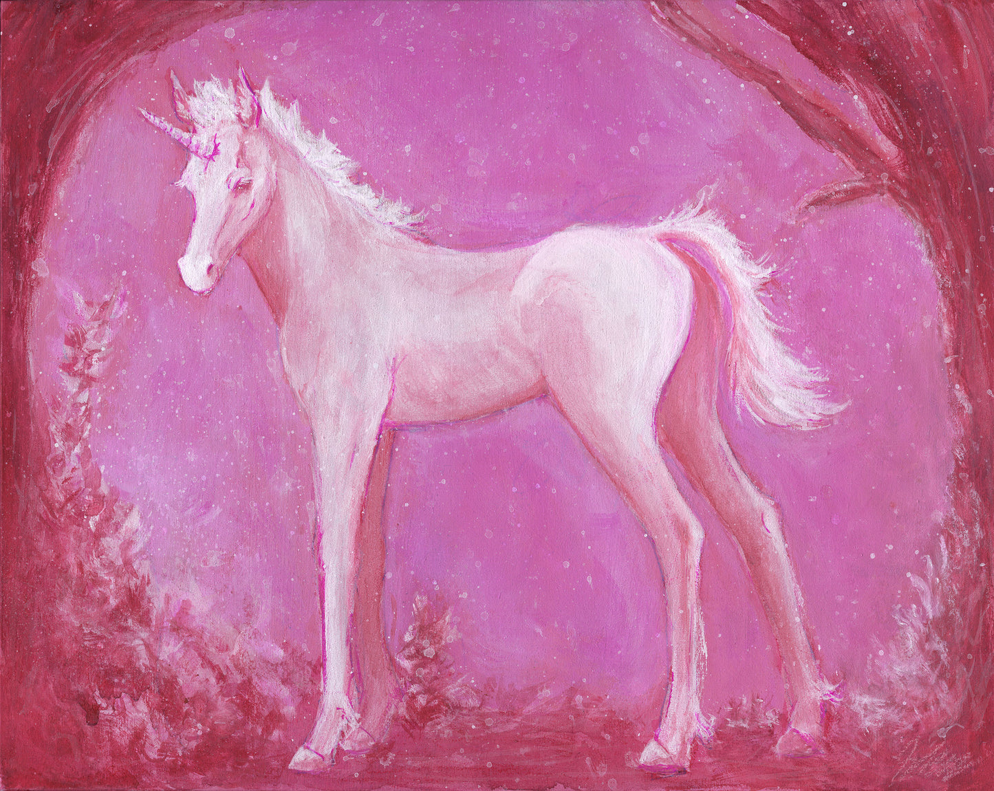 Painting of a unicorn filly on a pink background